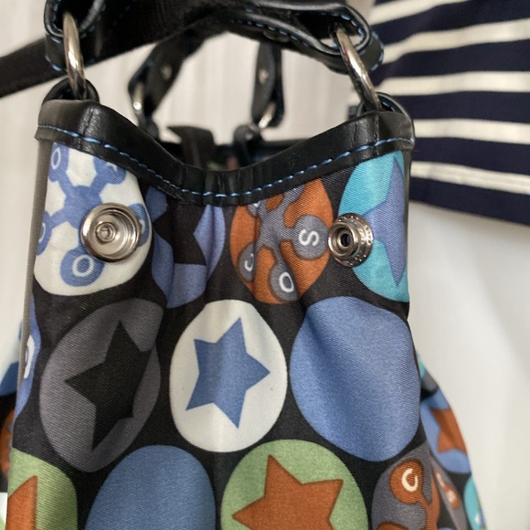 Soco shoulder bag stars, snowflakes ❄️ nylon /black leather! Blue stitching! - Picture 4 of 16